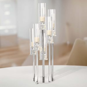 7-Arm Crystal Candelabra Round Taper Design with Mirror Base 33" Clear - Sparkling Candle Holder Table Centerpiece for Votive & Pillar Candles